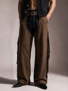 FeverCity Men's Waist Buckle Design Tassel Long Pants - Coffee Brown - View 4