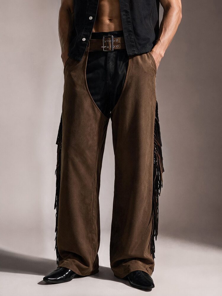 FeverCity Men's Waist Buckle Design Tassel Long Pants - Coffee Brown - View 4