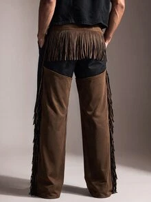 FeverCity Men's Waist Buckle Design Tassel Long Pants - Coffee Brown - View 2