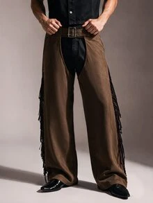 FeverCity Men's Waist Buckle Design Tassel Long Pants - Coffee Brown - View 1