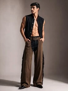 FeverCity Men's Waist Buckle Design Tassel Long Pants - Coffee Brown - View 3
