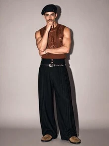 FeverCity 男士純色皺褶休閒百搭日常旅行長褲 - 黑色 - 查看 4