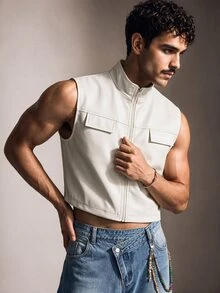 FeverCity Men's Solid Color Zipper Casual Versatile Daily Wear Vest - Beige - View 4