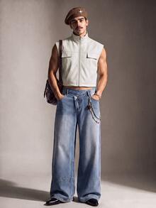 FeverCity Men's Solid Color Zipper Casual Versatile Daily Wear Vest - Beige - View 5