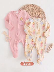 SHEIN 2pcs Newborn Baby Girl Elastic Fleece Cute Printed Pattern Zipper Front Footed Round Neck Jumpsuit Set, Suitable For Winter - Pink - View 1