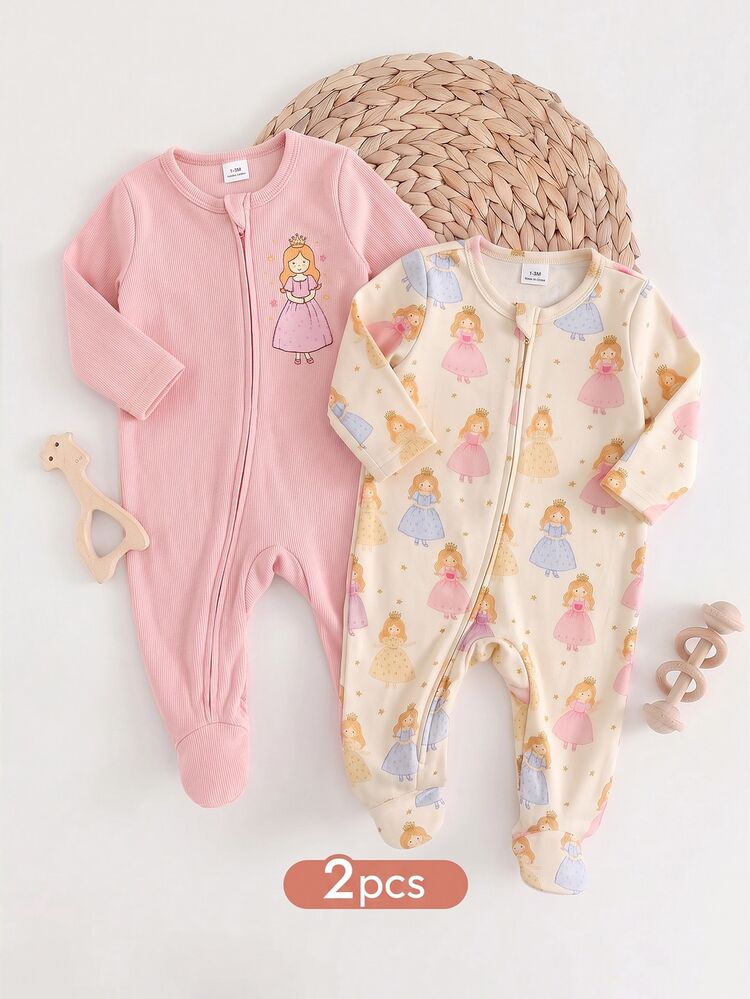 SHEIN 2pcs Newborn Baby Girl Elastic Fleece Cute Printed Pattern Zipper Front Footed Round Neck Jumpsuit Set, Suitable For Winter - Pink - View 1