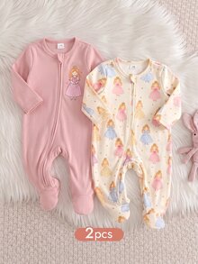 SHEIN 2pcs Newborn Baby Girl Elastic Fleece Cute Printed Pattern Zipper Front Footed Round Neck Jumpsuit Set, Suitable For Winter - Pink - View 5