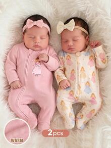 SHEIN 2pcs Newborn Baby Girl Elastic Fleece Cute Printed Pattern Zipper Front Footed Round Neck Jumpsuit Set, Suitable For Winter - Pink - View 4