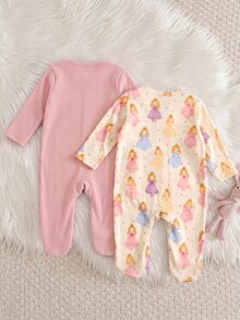 SHEIN 2pcs Newborn Baby Girl Elastic Fleece Cute Printed Pattern Zipper Front Footed Round Neck Jumpsuit Set, Suitable For Winter - Pink - View 2