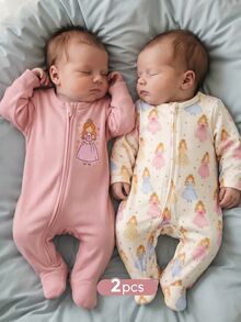 SHEIN 2pcs Newborn Baby Girl Elastic Fleece Cute Printed Pattern Zipper Front Footed Round Neck Jumpsuit Set, Suitable For Winter - Pink - View 3