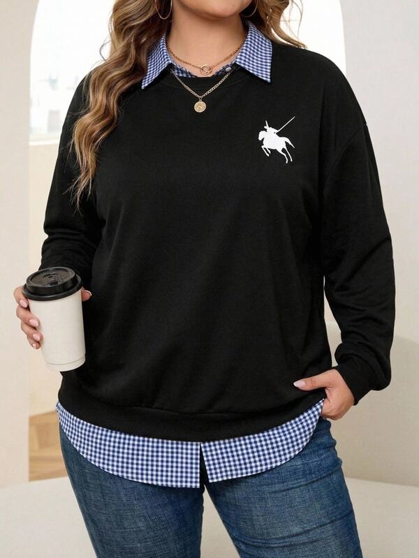 SHEIN CURVE+ Sweatshirt Leher Bulat Motif Cetak Kasual Minimalis Ukuran Plus 22W, Cocok untuk Musim Gugur/Dingin