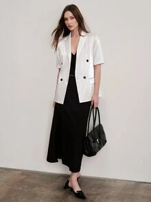 Aveloria Modichic 女款修身短袖緞面雙排扣尖領對比鈕扣優雅休閒商務辦公白色純色上衣夏季西裝外套 - 白色 - 查看 10