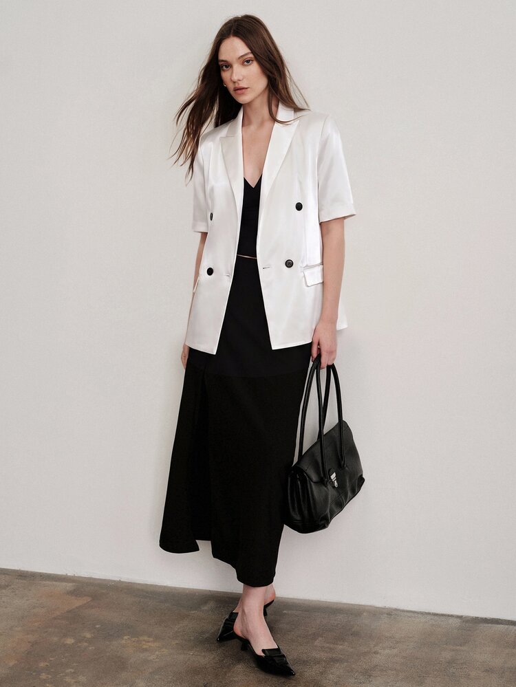Aveloria Modichic Women's Blazer Slim Short Sleeve Satin Double-Breasted Peak Lapel Contrast Buttons Elegant Casual Business Office White Solid Top Summer - White - View 10