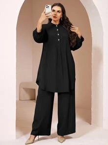 Veilorie Plus Size Women Solid Color Long Sleeve Top And Pants Casual Daily 2 Pieces Set - Black - View 7