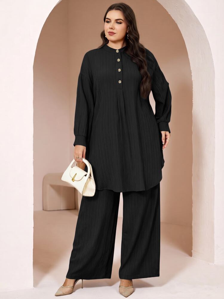 Veilorie Plus Size Women Solid Color Long Sleeve Top And Pants Casual Daily 2 Pieces Set - Black - View 4