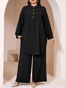 Veilorie Plus Size Women Solid Color Long Sleeve Top And Pants Casual Daily 2 Pieces Set - Black - View 5