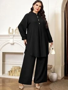 Veilorie Plus Size Women Solid Color Long Sleeve Top And Pants Casual Daily 2 Pieces Set - Black - View 8