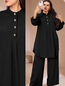Veilorie Plus Size Women Solid Color Long Sleeve Top And Pants Casual Daily 2 Pieces Set - Black - View 1