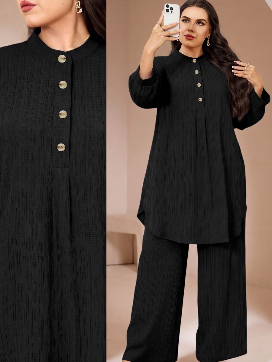 Veilorie Plus Size Women Solid Color Long Sleeve Top And Pants Casual Daily 2 Pieces Set - Black - View 1