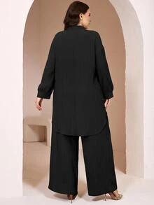 Veilorie Plus Size Women Solid Color Long Sleeve Top And Pants Casual Daily 2 Pieces Set - Black - View 2