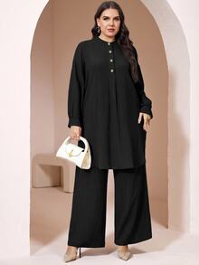 Veilorie Plus Size Women Solid Color Long Sleeve Top And Pants Casual Daily 2 Pieces Set - Black - View 3