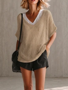 Glimmora Atasan Rajut Longgar Wanita Warna Polos Kerah V Lengan Kelelawar untuk Liburan Musim Panas Kasual Warna Camel - Khaki - View 4