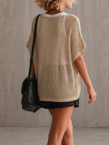 Glimmora Atasan Rajut Longgar Wanita Warna Polos Kerah V Lengan Kelelawar untuk Liburan Musim Panas Kasual Warna Camel - Khaki - View 2