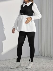 SHEIN 孕妇春夏新款时尚休闲撞色拼接长袖两件套 - 黑與白 - 查看 3