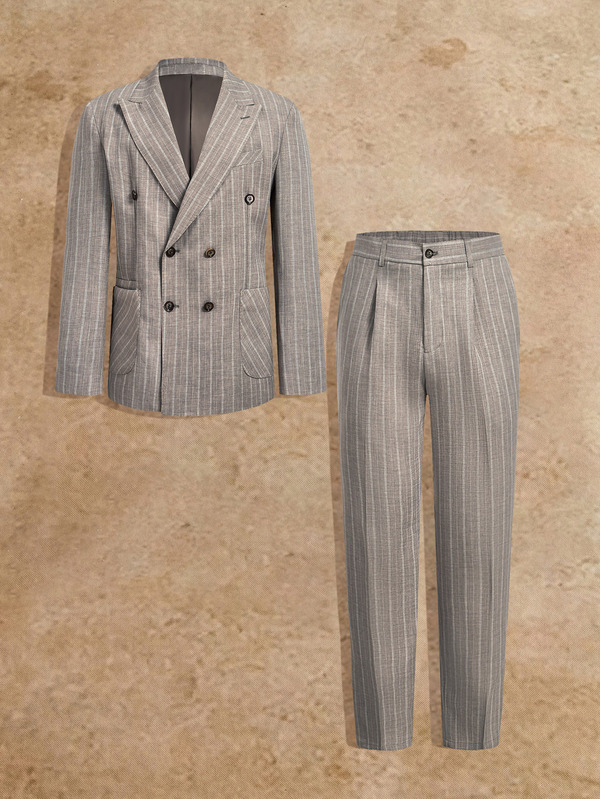 HIMLAND Men's Striped Double-Breasted Long Sleeve Jacket And Pants Casual Suit Set