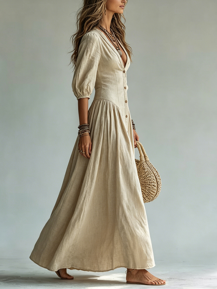 Glimmora Plus Size Women's Fashion Retro Solid Color Single-Breasted Mid-Sleeve Deep V-Neck Long Dress - Apricot - View 6
