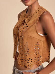 Travachic 女款鏤空綁帶背心，適合度假與休閒波希米亞穿搭，復古 Rock In Rio 風格墨西哥式上衣，棕色系，夏季款 - 鏽棕色 - 查看 4