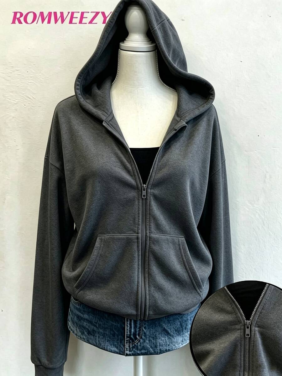 SHEIN Sparklyn 秋冬季青少年女孩連帽拉鍊外套-街頭風混搭運動衫,保暖針織面料,適合秋冬穿著 - 灰色 - 查看 1