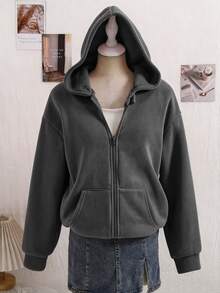 SHEIN Sparklyn 秋冬季青少年女孩連帽拉鍊外套－街頭風混搭運動衫，保暖針織面料，適合秋冬穿著 - 灰色 - 查看 6