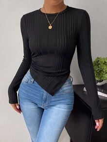 SHEIN ChicEase 女款時尚提花長袖圓領T恤，不對稱下擺與腰部褶皺設計，修身剪裁，休閒性感，適合夜生活與日常穿著，黑色 - 黑色 - 查看 4
