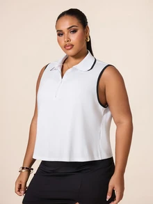 SHEIN Rhythm Era 女款大尺碼無袖 Polo 領運動 T 恤，適合瑜伽、戶外、健身房、健身，配對比色飾邊領口與袖口 - 白色 - 查看 4