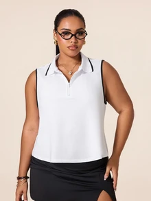 SHEIN Rhythm Era 女款大尺碼無袖 Polo 領運動 T 恤，適合瑜伽、戶外、健身房、健身，配對比色飾邊領口與袖口 - 白色 - 查看 6