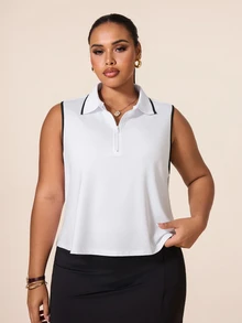 SHEIN Rhythm Era 女款大尺碼無袖 Polo 領運動 T 恤，適合瑜伽、戶外、健身房、健身，配對比色飾邊領口與袖口 - 白色 - 查看 3