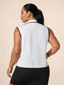SHEIN Rhythm Era 女款大尺碼無袖 Polo 領運動 T 恤，適合瑜伽、戶外、健身房、健身，配對比色飾邊領口與袖口 - 白色 - 查看 2