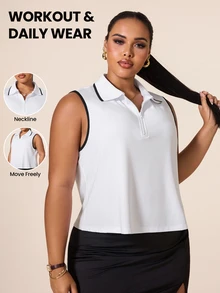 SHEIN Rhythm Era 女款大尺碼無袖 Polo 領運動 T 恤，適合瑜伽、戶外、健身房、健身，配對比色飾邊領口與袖口 - 白色 - 查看 1