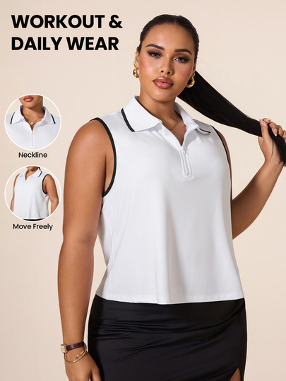 SHEIN Rhythm Era Women's Plus Size Sleeveless Polo Neck Sports T-Shirt For Yoga, Outdoor, Gym, Fitness, With Contrast Trim Collar And Cuffs