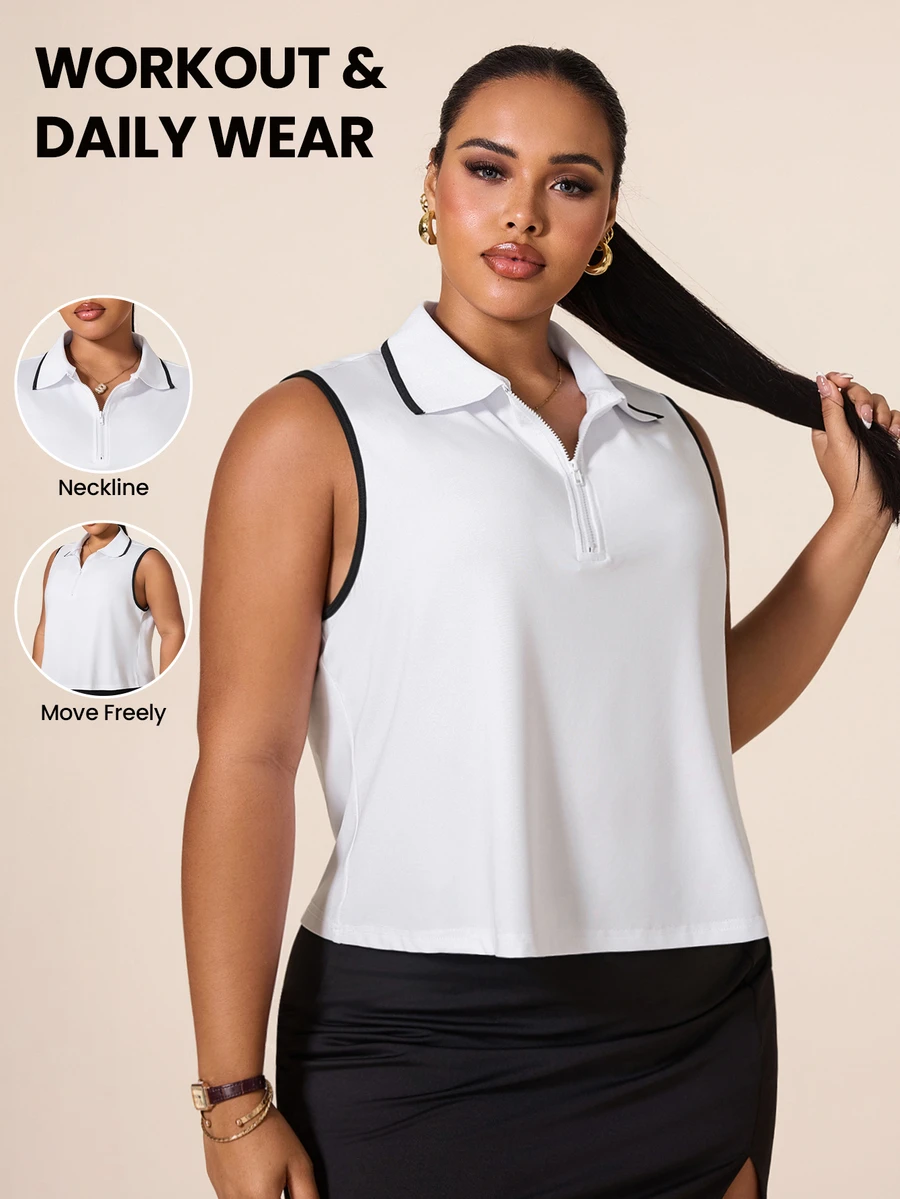 SHEIN Rhythm Era 女款大尺碼無袖 Polo 領運動 T 恤,適合瑜伽、戶外、健身房、健身,配對比色飾邊領口與袖口 - 白色 - 查看 1