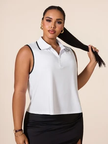SHEIN Rhythm Era 女款大尺碼無袖 Polo 領運動 T 恤，適合瑜伽、戶外、健身房、健身，配對比色飾邊領口與袖口 - 白色 - 查看 8