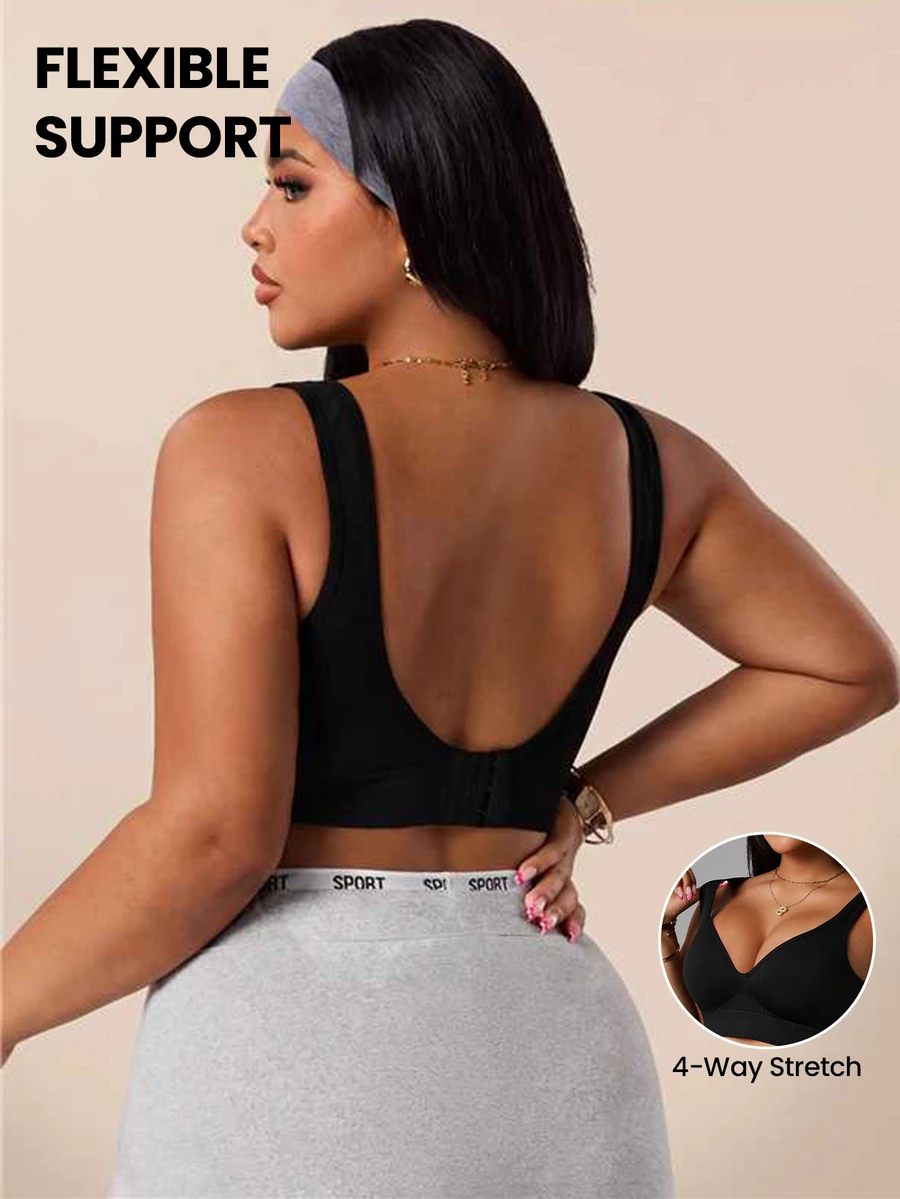 SHEIN Rhythm Era 无缝纯色大码运动文胸,高支撑一体式罩杯设计,内置不可拆卸胸垫,适合赛车、健身、瑜伽、跑步等高强度运动。 - 黑色 - 查看 1