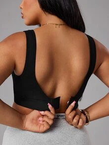 SHEIN Rhythm Era 无缝纯色大码运动文胸，高支撑一体式罩杯设计，内置不可拆卸胸垫，适合赛车、健身、瑜伽、跑步等高强度运动。 - 黑色 - 查看 3