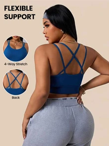 SHEIN Sports 大码女士无缝交叉后背运动文胸 - 藏蓝色 - 查看 1