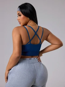 SHEIN Sports 大码女士无缝交叉后背运动文胸 - 藏蓝色 - 查看 3