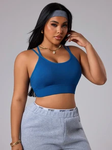 SHEIN Sports 大码女士无缝交叉后背运动文胸 - 藏蓝色 - 查看 5