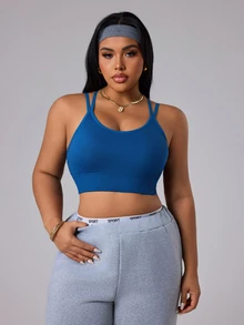 SHEIN Sports 大码女士无缝交叉后背运动文胸 - 藏蓝色 - 查看 2