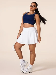 SHEIN Rhythm Era Plus Size Women's Solid Color Simple Daily Mini Skirttennis Skirt Athletic Skirt Tennis Gym White Summer - White - View 6