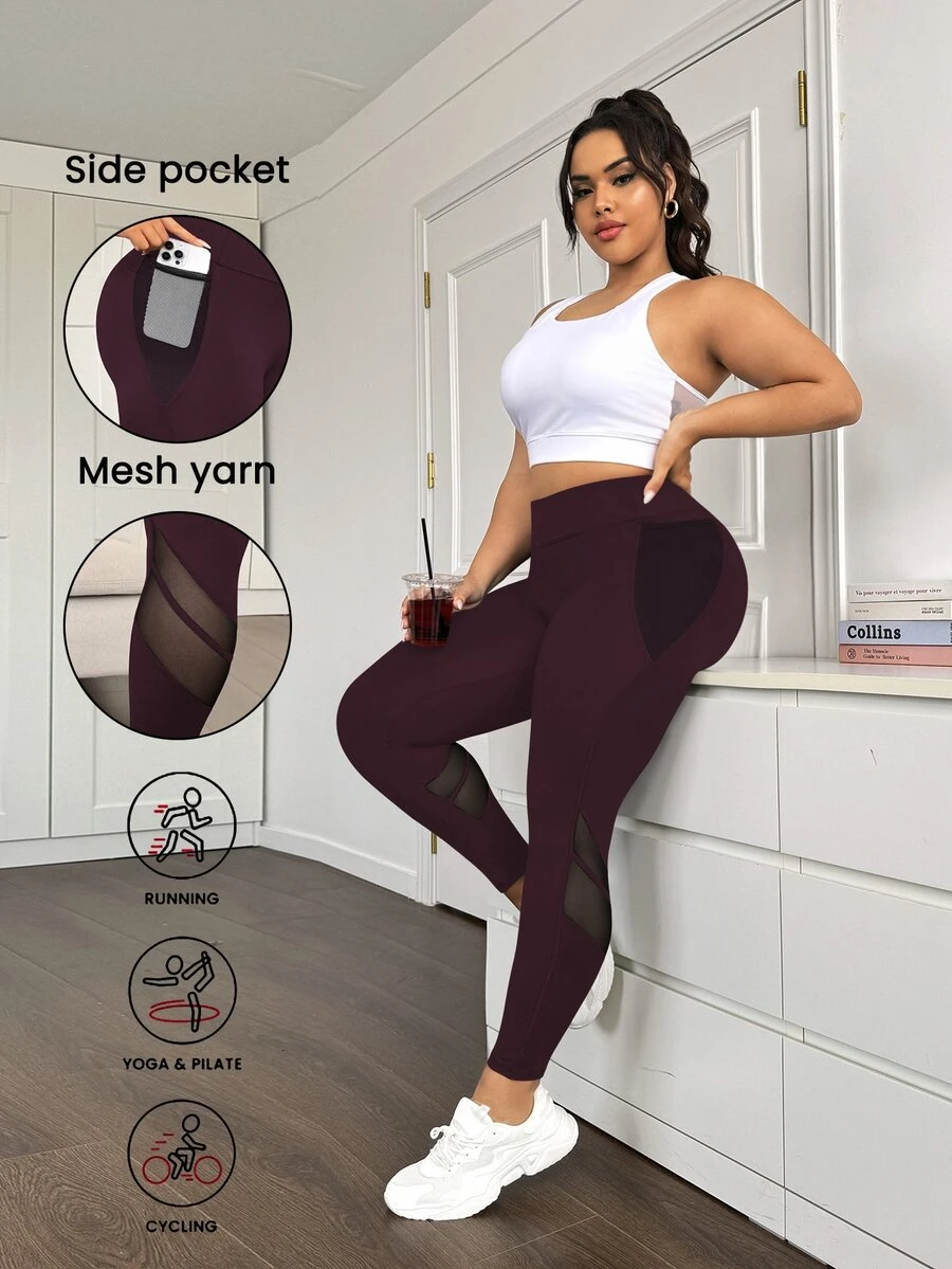 Rhythm Era Mesh Patchwork High Waist Tummy Control Butt Lifting Leggings With Mesh Side Pockets - Burgundy - View 1